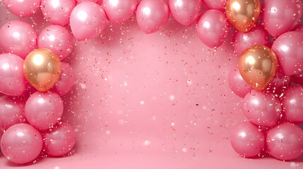 Pink and gold balloon arch with glittery background