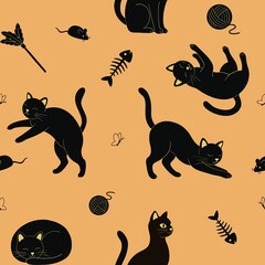 Black cat seamless pattern on the pastel orange background 
