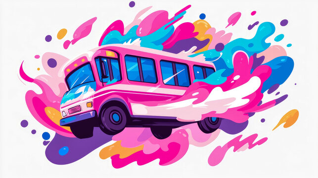 Energetic Pink Passenger Bus Zooming Through Dynamic Explosion of Vibrant Abstract Colors, Splashes, and Playful Shapes on Clean White Background