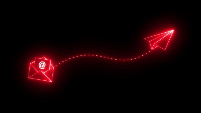neon email envelope and paper plane icon on black background. newsletter, email icon. flying paper airplane and email. Concept of sending emails for business and social media. letter sent by email.