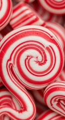 Vibrant close-up of swirled peppermint candy, showcasing its cool and refreshing essence. A classic treat with invigorating flavor ,close up ,clean ,dessert