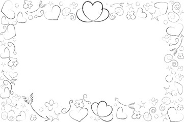 Sweet and playful horizontal vector doodle frame featuring a hand drawn border of hearts, stars, flowers, and arrows, ideal for teenage Valentine's Day designs or youthful stationery.