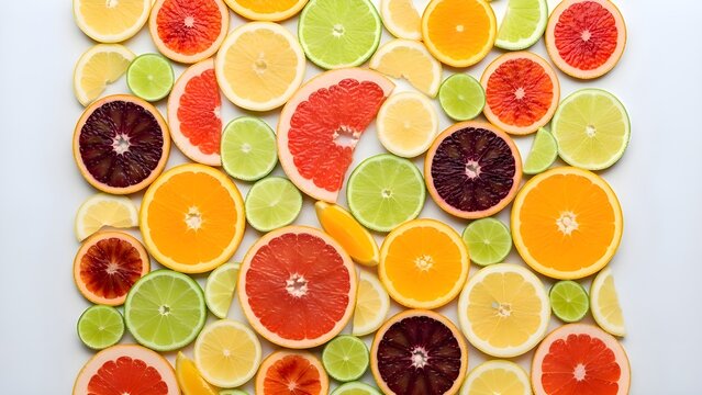 Colorful citrus fruits slices arrangement on white background