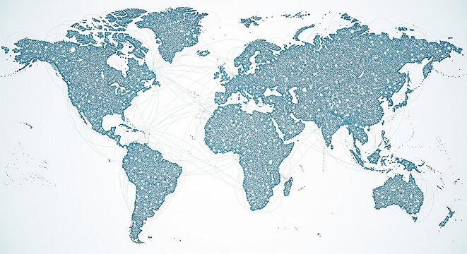Blue digital world map with grid texture for global business themes
