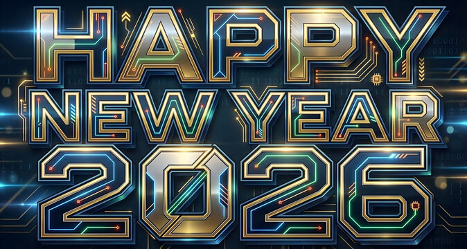 Happy new year 2026 metallic text with futuristic glow