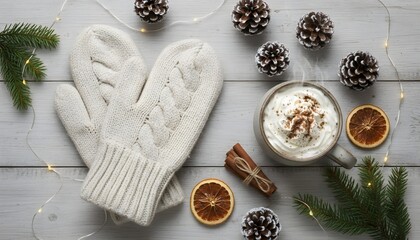 Overhead view of a cozy winter setting with white knitted mittens, a steaming mug of whipped cream hot chocolate, pine cones, cinnamon sticks, and dried orange slices on a rustic wooden background.