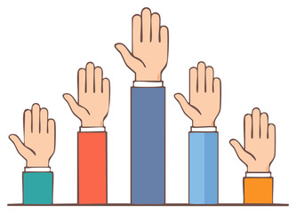 Obraz premium Raising hands with colorful sleeves showing agreement and unity