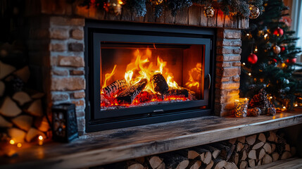Cozy and festive Christmas setting with roaring fire in modern brick fireplace, surrounded by beautifully decorated tree, stacked firewood, and warm lights, evoking perfect holiday ambiance.