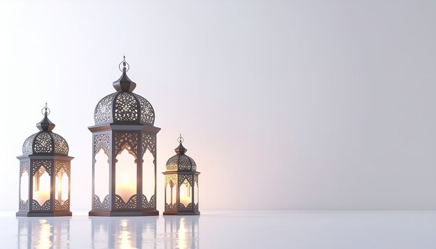 Elegant Moroccan Lanterns with Warm Candle Light on White Surface in Minimalist Setting
