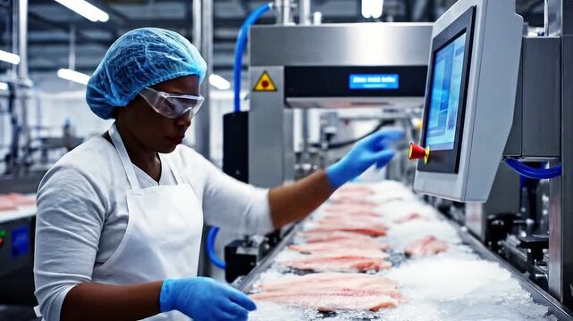 Worker handling fish fillets on icy conveyor in food processing facility with touchscreen and safety gear.