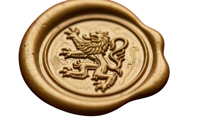 Golden wax seal stamp with lion emblem isolated on white background