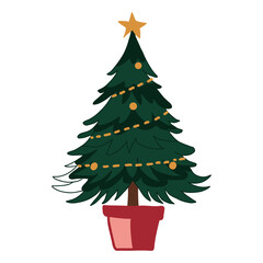 Cute Christmas tree with decorative balls and garlands. Hand drawn vector illustration.