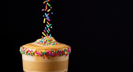 Vibrant coffee beverage, artfully topped with a playful cascade of colorful sprinkles, offering a delightful and sweet visual treat for a cozy moment ,special ,delight ,sprinkles