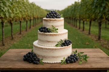 A three-tier semi-naked cake decorated with dark grapes, green leaves, and white blossoms sits on a rustic wooden table in a vineyard under soft daylight, creating a natural and elegant countryside at