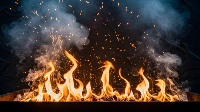 Intense bonfire flames erupting with sparks and smoke against a dark background creating a dramatic and energetic visual effect - Powered by Adobe