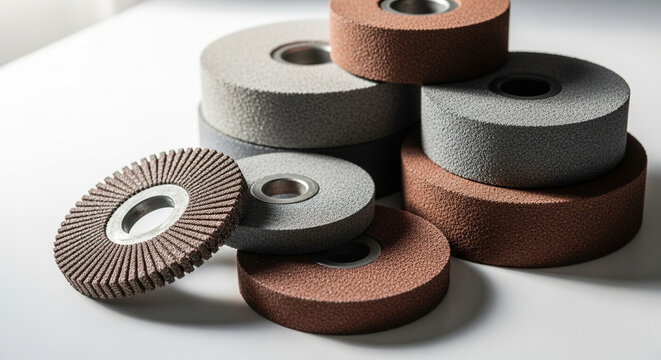 Assortment of grinding wheels, showcasing their different textures and sizes for various industrial applications and surface finishing
