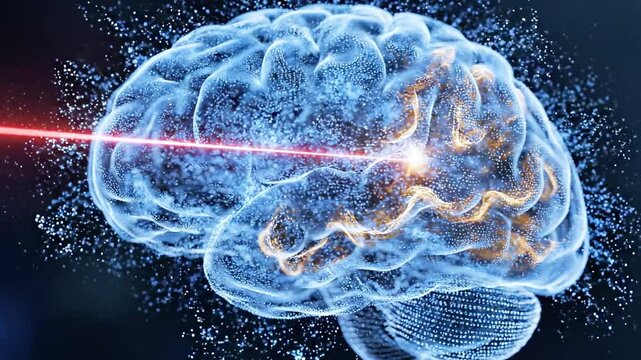 A glowing, translucent brain illuminated by a red laser beam, showcasing neural activity