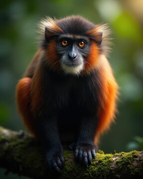 Frontal close-up of a beautiful Red Colobus Monkey (Procolobus) with a fluffy orange head and black body, sitting on a branch covered in green moss in the forest.