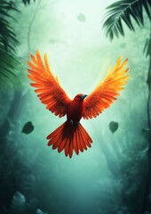 Vibrant red bird soaring amidst lush green jungle for nature's freedom