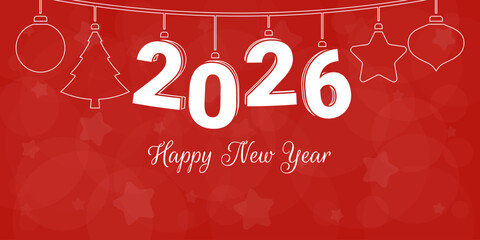Vibrant 2026 New Year design with bold white numerals and hanging Christmas ornaments tree star baubles on red. Happy New Year in elegant cursive below. Ideal for greetings social media banners
