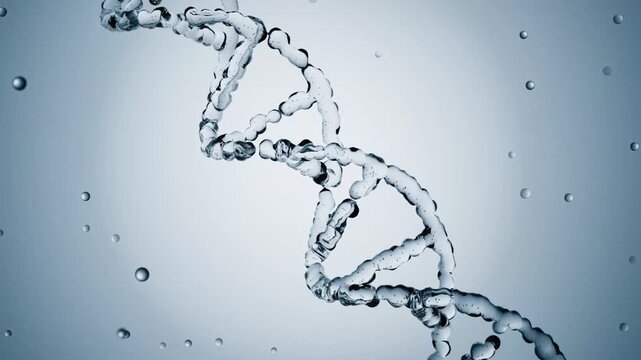 3D animation of crystal DNA helix strands formimg from bubbles. Perfect for skincare, cosmetic science, anti-aging concepts, and biotechnology projects.