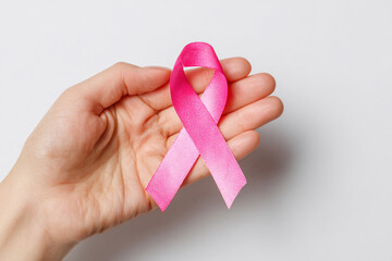 Hand Holding Pink Breast Cancer Awareness Ribbon Support Hope Healthcare Symbol