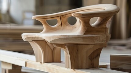 Sculptural wooden bench. Organic modern design. Craftsmanship. Furniture manufacturing concept.