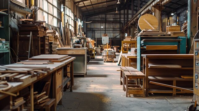 Industrial Woodworking Factory Interior with Lumber and Production Machinery
