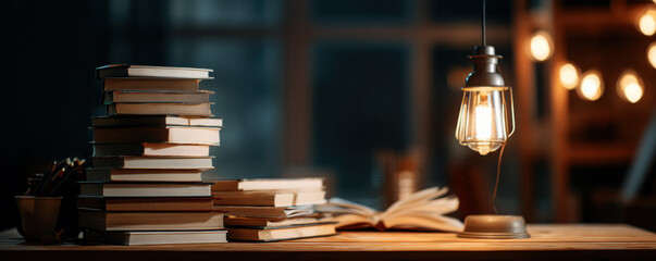 Vintage books and papers illuminated by lantern cozy room still life warm environment serene viewpoint