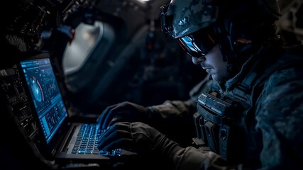 Soldier operating a glowing tactical laptop inside a dim military aircraft, focusing on digital mission data and advanced battlefield technology systems - Powered by Adobe