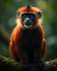 Obraz premium Detailed portrait of an African Monkey, possibly a Patas or Red Colobus, featuring deep black facial skin and bright orange fur on a dark green background.