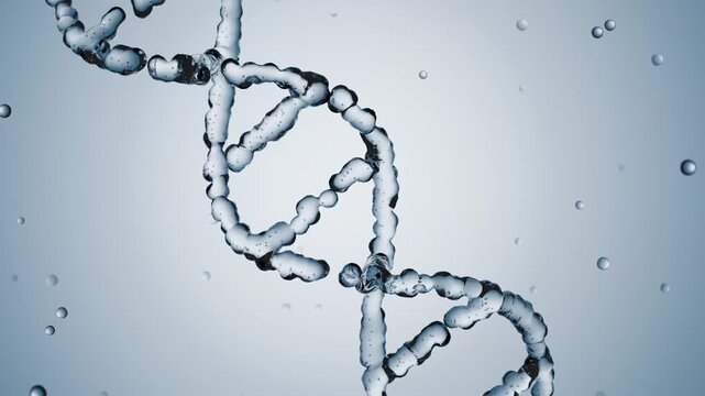 3D animation of crystal DNA helix strands with sparkling light and water texture. Perfect for skincare, cosmetic science, anti-aging concepts, and biotechnology projects.