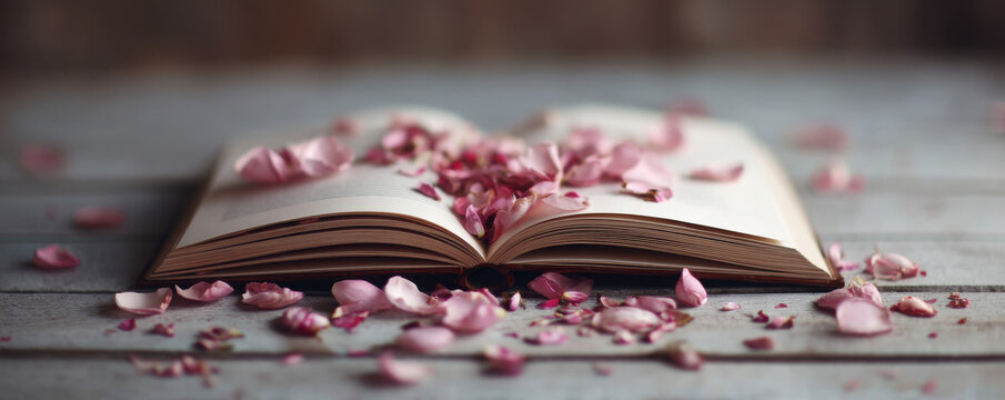 Vintage book with old papers and notes surrounded by petals cozy room photography warm color palette romantic concept