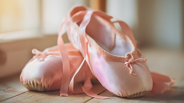 Two pink ballet slippers with ribbons tied to them. The slippers are on a wooden floor