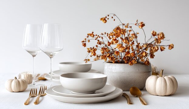 Thanksgiving table setting with pumpkins and dried floral centerpiece