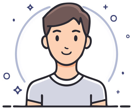 Happy smiling young man cartoon avatar with a radiant positive glow and sparkling energy