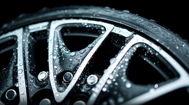 Close up of a car tire with water droplets on it. The tire is black and silver, and the water droplets are creating a shiny, reflective surface. Concept of freshness and cleanliness