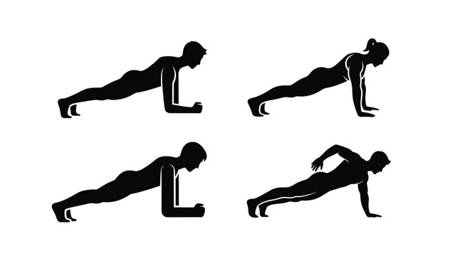 Silhouettes of men and women demonstrating plank and pushup exercises for fitness and core strength