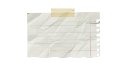 Crumpled piece of lined paper taped with beige masking tape isolated on white background