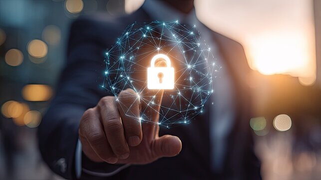 Cybersecurity concept business persons hand touching glowing digital lock icon