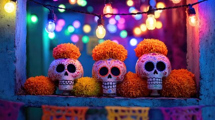 Day of the dead skulls with marigolds and festive lights