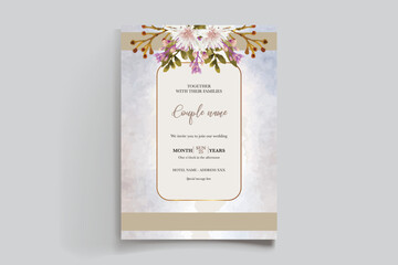 WEDDING INVITATION FRAME WITH FLOWER DECORATIONS AND FRESH LEAVES