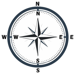 Compass rose illustration indicating north, east, south, and west for navigation and direction finding, cartography tool.