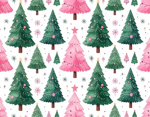 Festive watercolor christmas tree pattern with snowflakes on a white background