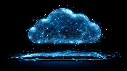 Cloud technology concept featuring a glowing cloud over a laptop with digital connections and network symbols