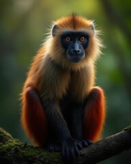 Obraz premium Close-up eye-level portrait of a young Golden Colobus or Patas Monkey with striking orange eyes, sitting on a mossy branch in the lush green jungle.