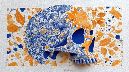 Decorative skull illustration with floral patterns and organic elements
