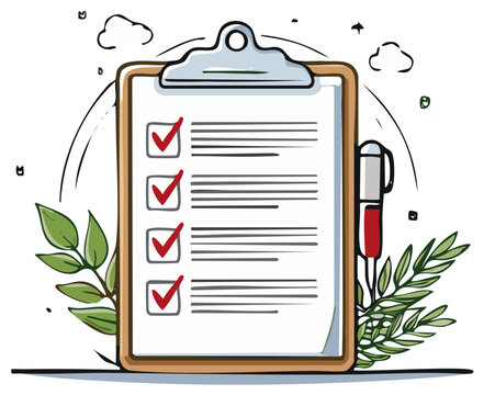 Checklist clipboard with marked boxes and leaves illustrations in decorative hand drawn style - Powered by Adobe