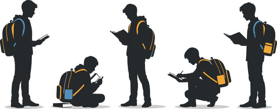 Studious students engrossed in books and technology with backpacks showing dedication to education and learning in modern schooling environment