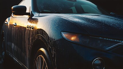 Black car with raindrops on it. The car is shiny and has a nice shine to it
